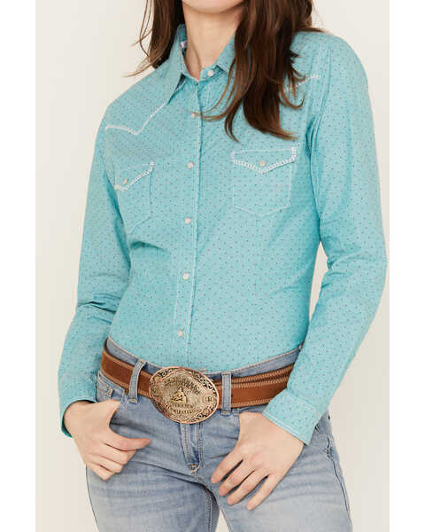 Rough Stock by Panhandle Women's Dobby Striped Long Sleeve Pearl Snap Western Shirt, Turquoise, hi-res