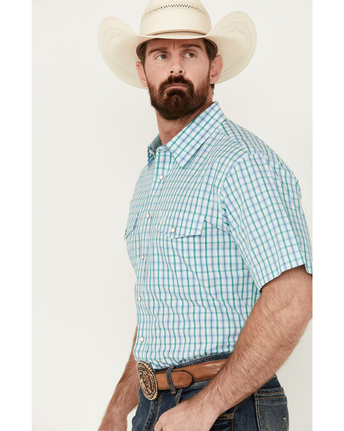 Image #2 - Panhandle Men's Plaid Print Short Sleeve Pearl Snap Western Shirt, Blue, hi-res