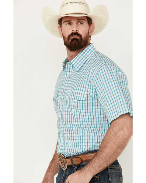 Image #2 - Panhandle Men's Plaid Print Short Sleeve Pearl Snap Western Shirt , Blue, hi-res