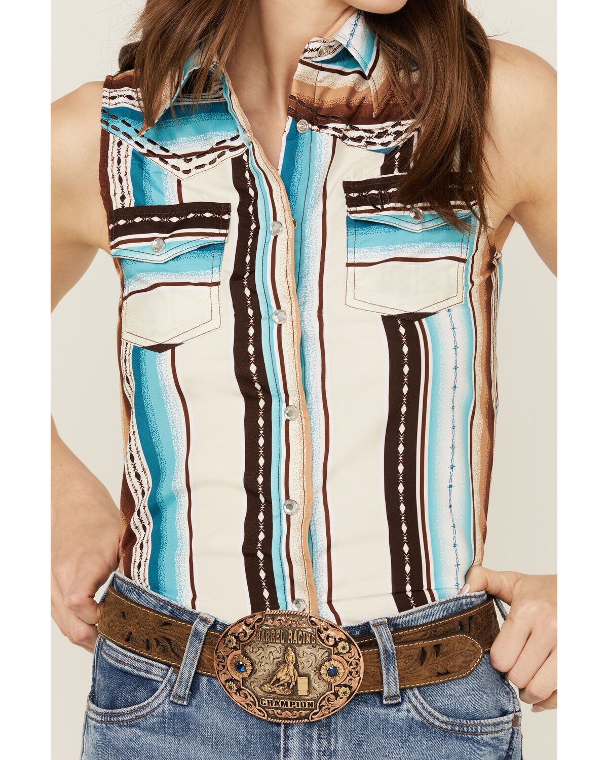 Image #3 - Cowgirl Hardware Women's Serape Striped Sleeveless Snap Western Shirt, Turquoise, hi-res
