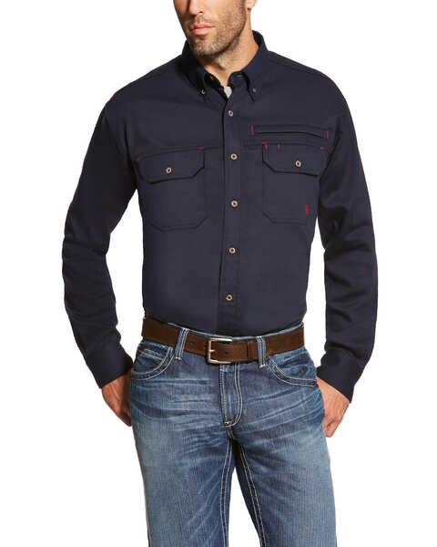 Ariat Men's FR Solid Vent Long Sleeve Button Down Work Shirt - Big, Navy, hi-res