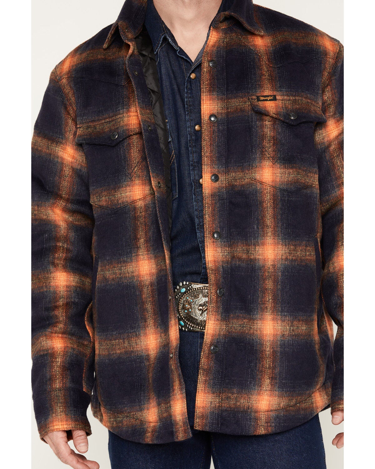 Image #3 - Wrangler Men's Plaid Print Quilt Lined Snap Shirt Jacket, Navy, hi-res