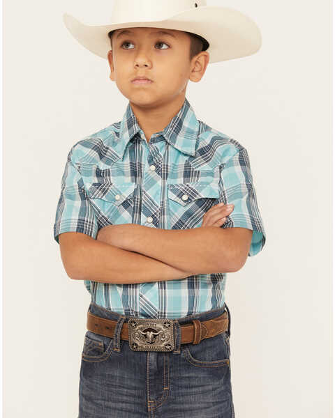 Wrangler Boys' 20X Plaid Print Western Short Sleeve Snap Shirt, Blue, hi-res