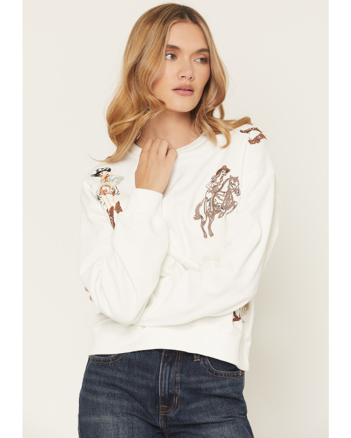 Image #1 - Blue B Women's Cowgirl Conversation Embroidered Crewneck, White, hi-res