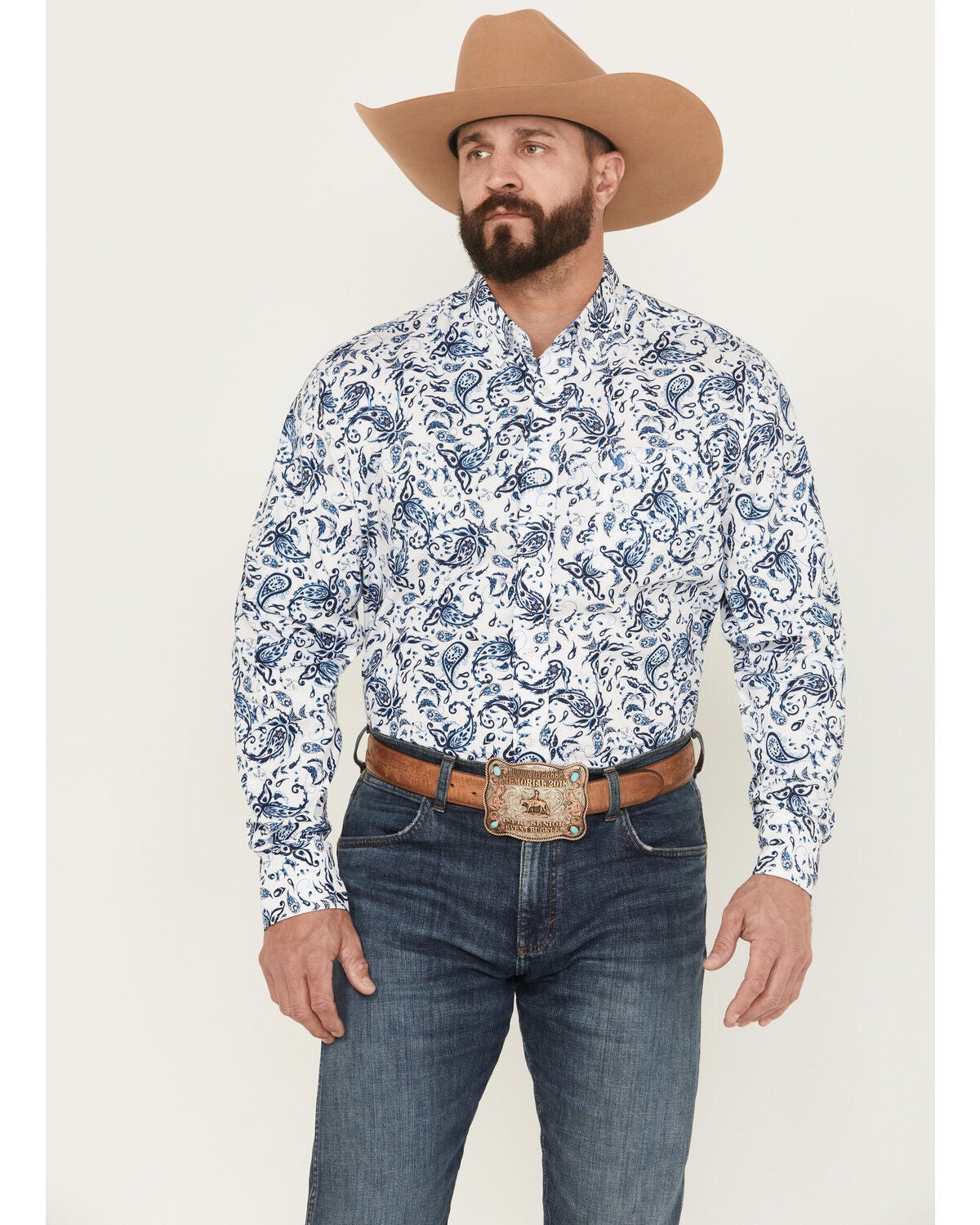 Rodeo Clothing Men's Paisley Print Long Sleeve Button-Down Western Shirt, Black, hi-res