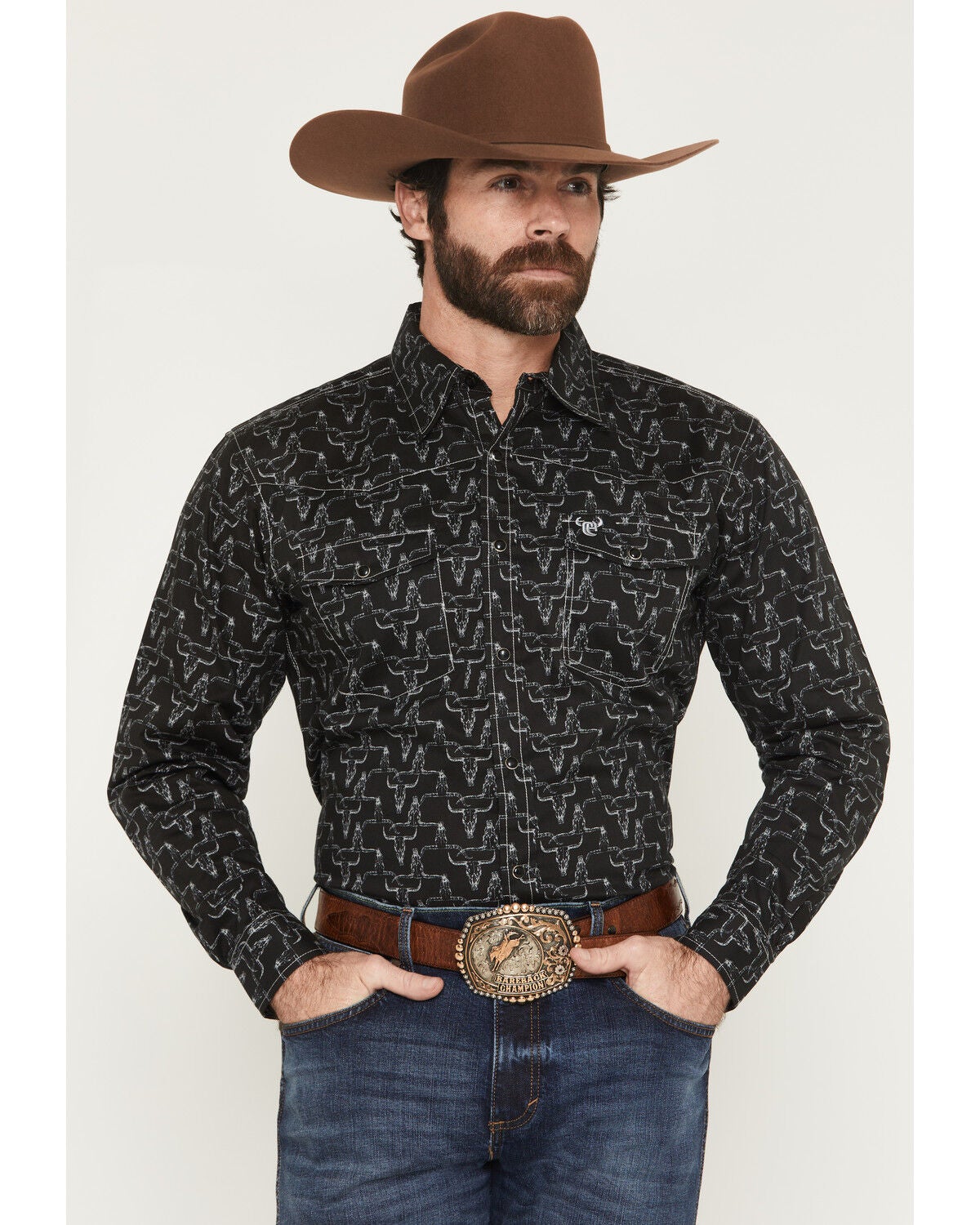 Image #1 - Cowboy Hardware Men's Hombre Skull Long Sleeve Snap Stretch Western Shirt, Black, hi-res