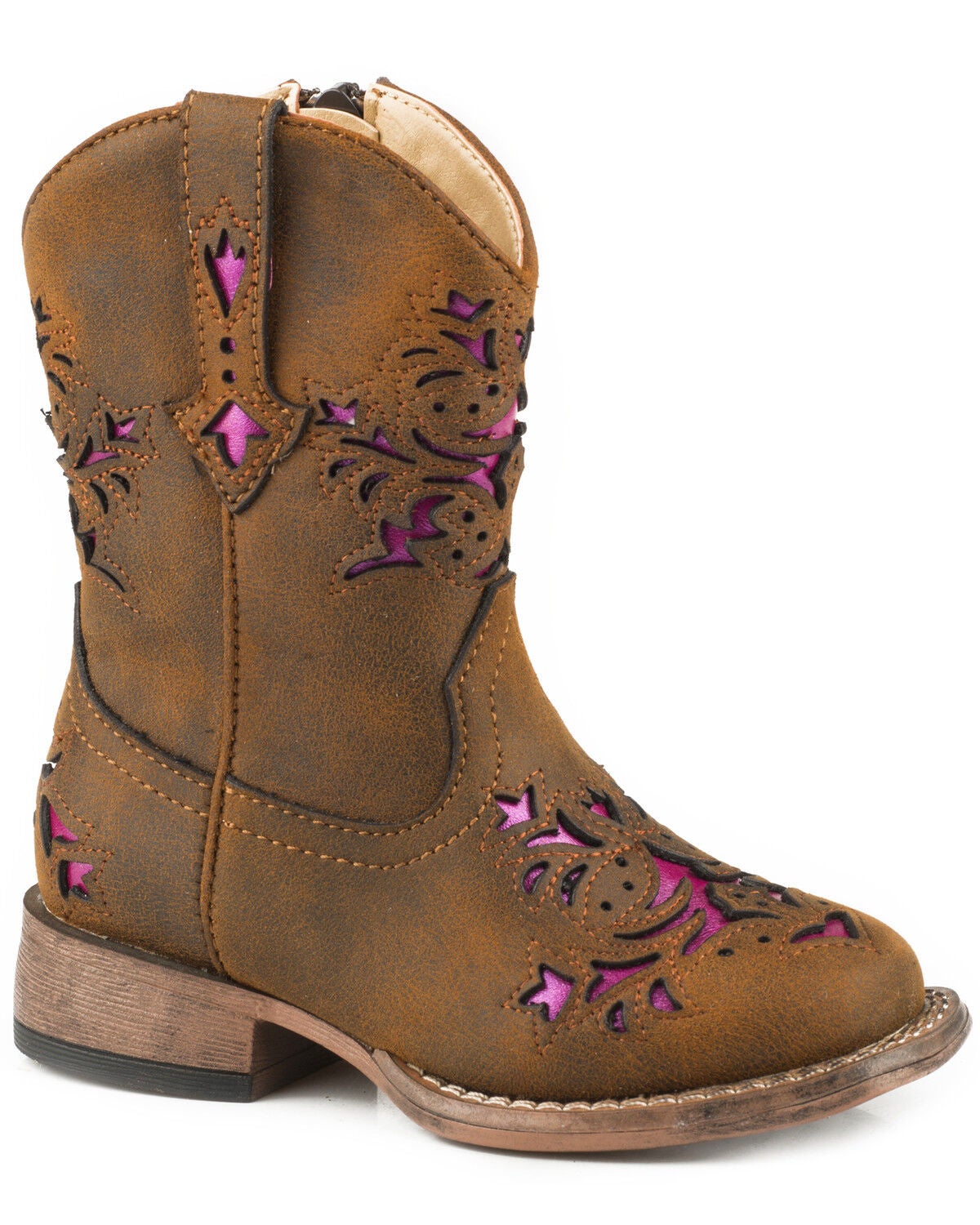Roper Toddler Girls' Lola Brown Metallic Underlay Western Boots - Square Toe, Brown, hi-res