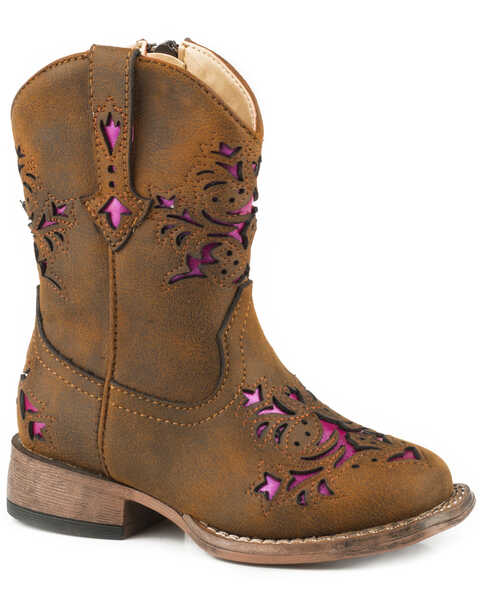 Roper Toddler Girls' Lola Brown Metallic Underlay Western  Boots - Square Toe, Brown, hi-res