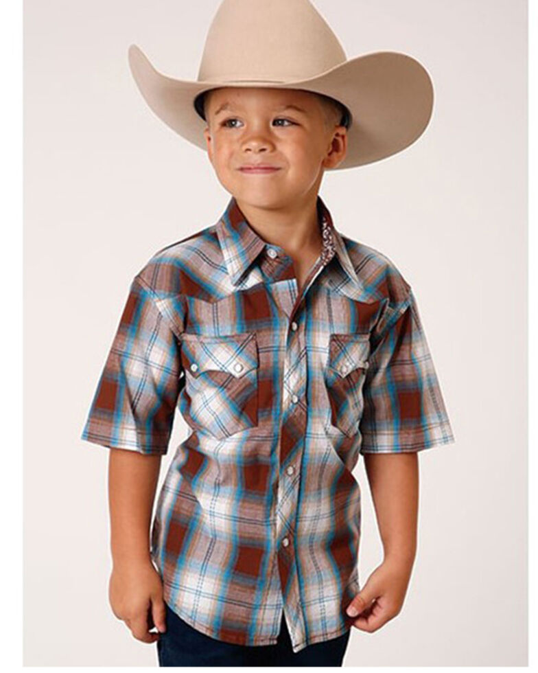 Roper Boys' West Made Plaid Print Short Sleeve Western Snap Shirt, Brown, hi-res