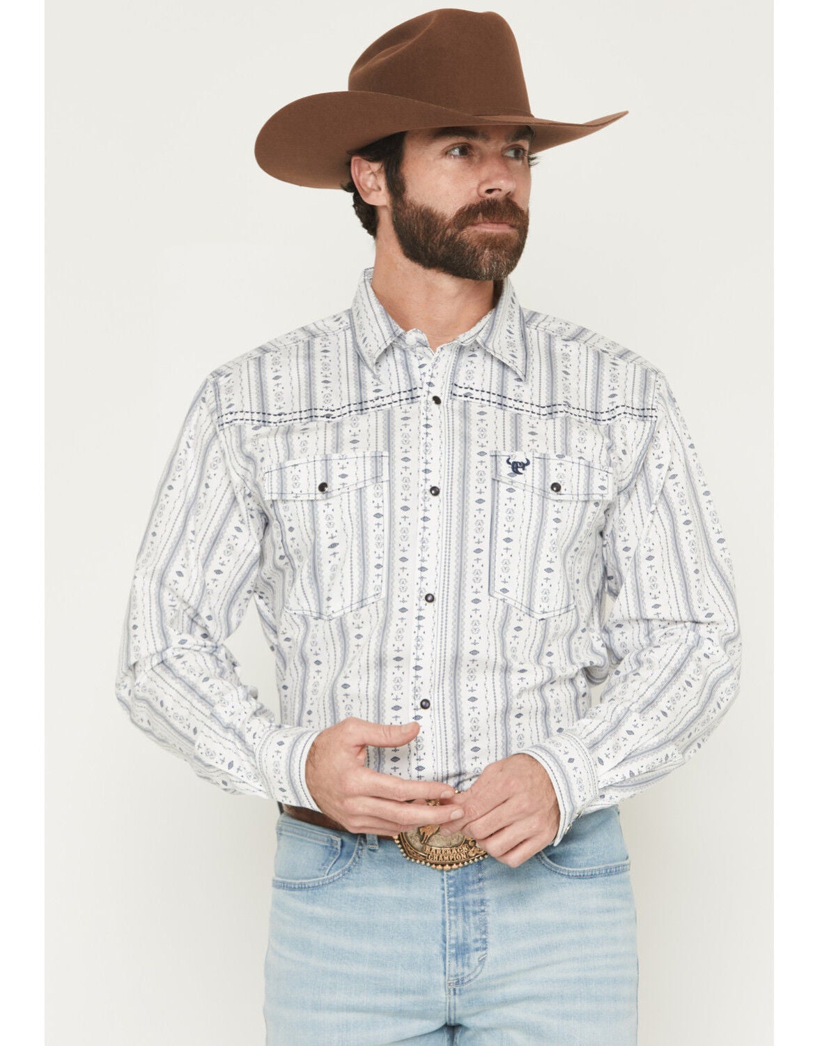 Cowboy Hardware Men's Southwestern Stripe Print Long Sleeve Snap Stretch Western Shirt, White, hi-res