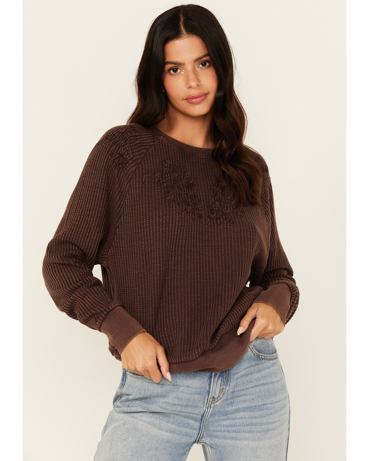 Image #1 - Cleo + Wolf Women's Waffle Knit Long Sleeve Top, Brown, hi-res