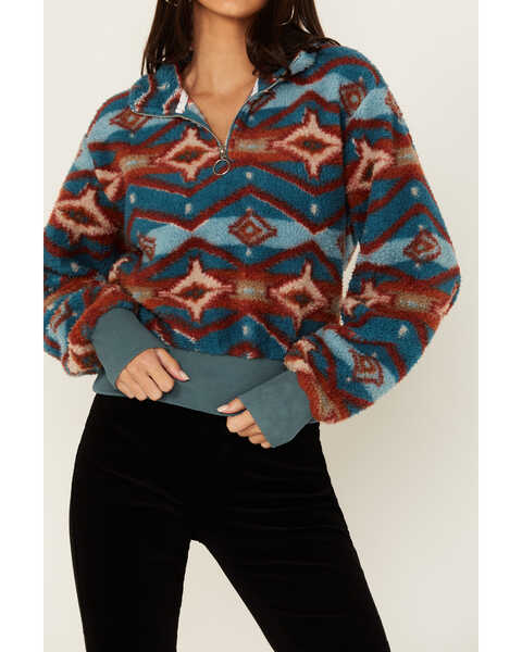 Image #3 - Rock & Roll Denim Women's Southwestern Print Sherpa 1/4 Zip Pullover , Dark Blue, hi-res