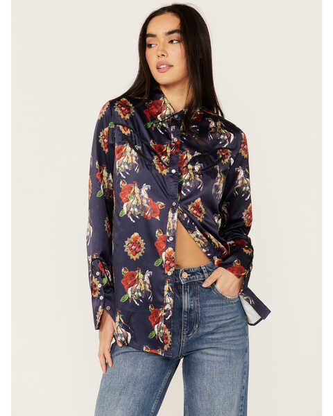 Rodeo Quincy Women's Floral Horse Print Long Sleeve Pearl Snap Western Shirt , Navy, hi-res