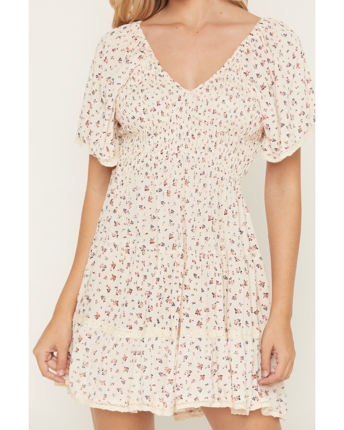 Image #3 - Angie Women's Ditsy Floral Print Short Sleeve Mini Dress, Ivory, hi-res