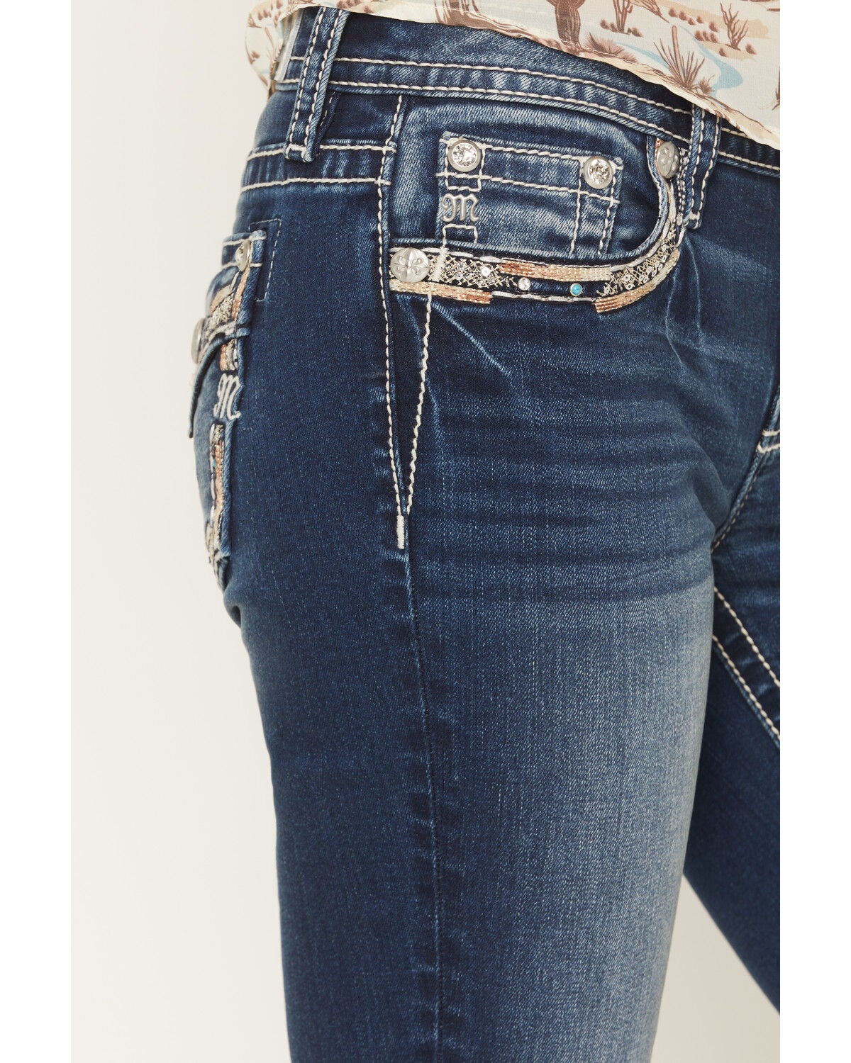 Image #4 - Miss Me Women's Medium Wash Mid Rise Border Pocket 32" Bootcut Stretch Denim Jeans, Medium Wash, hi-res