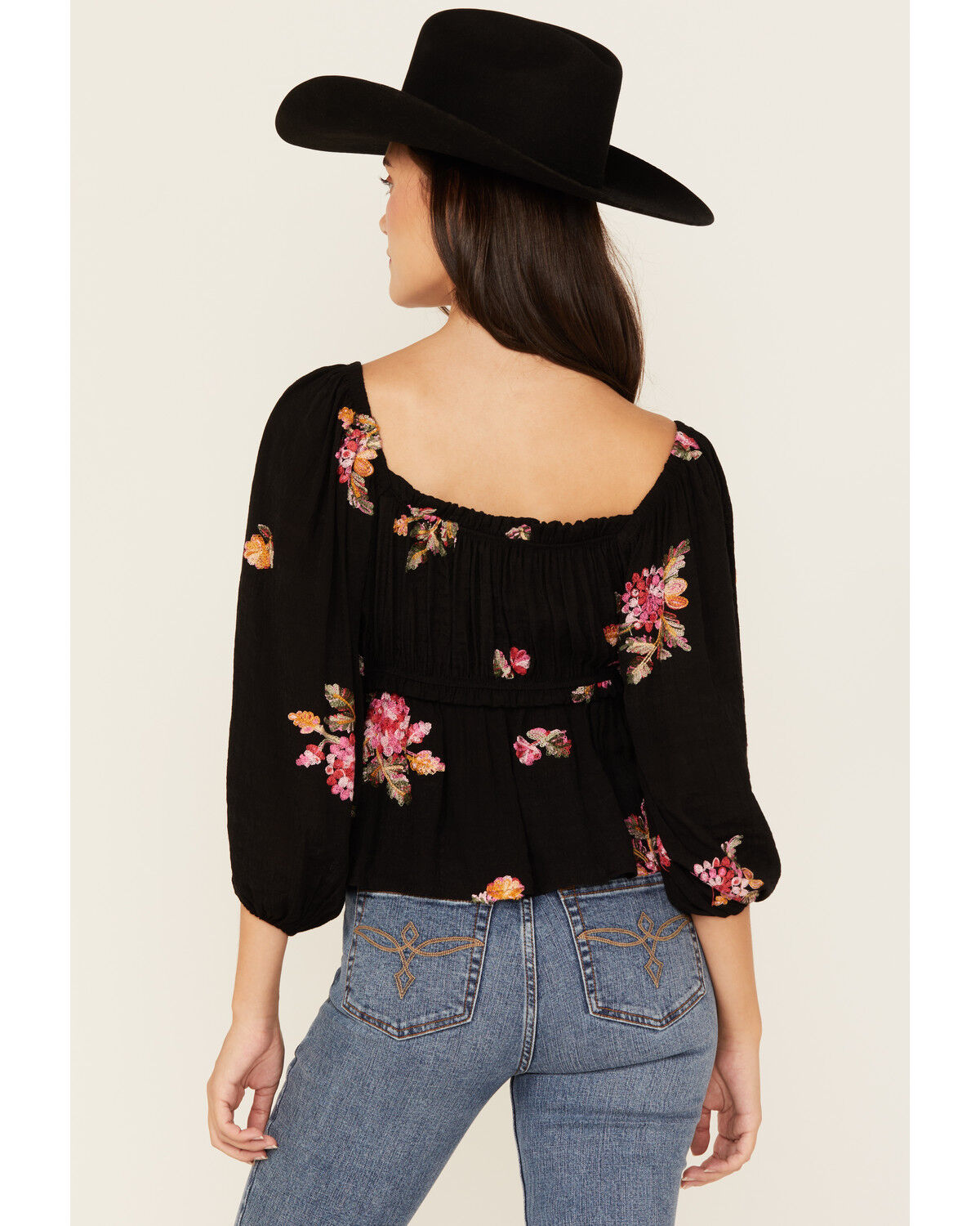 Image #4 - Wild Moss Women's Floral Embroidered 3/4 Sleeve Top, Black, hi-res
