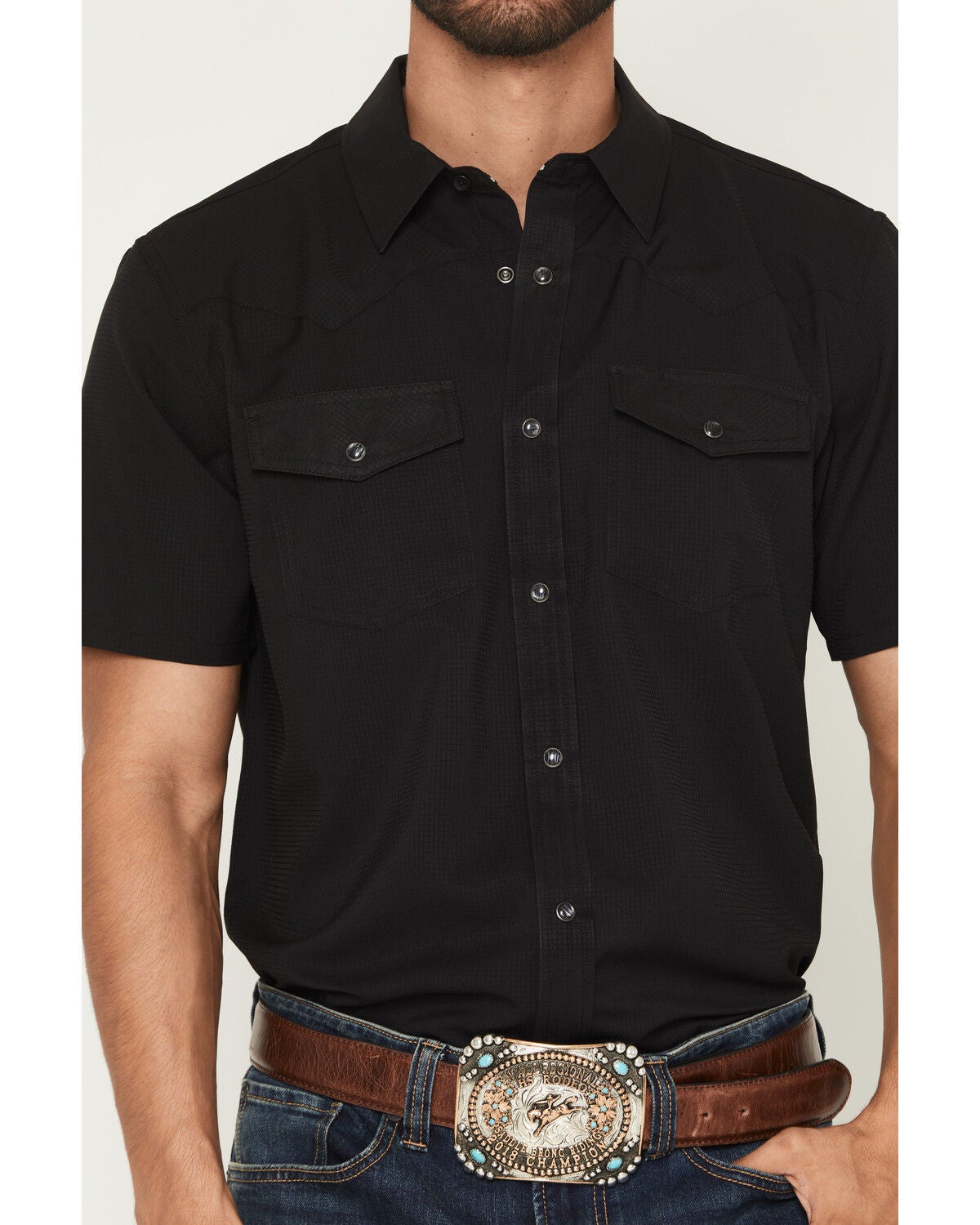 Image #3 - RANK 45&reg; Men's Ridge Solid Short Sleeve Pearl Snap Western Performance Shirt, Black, hi-res