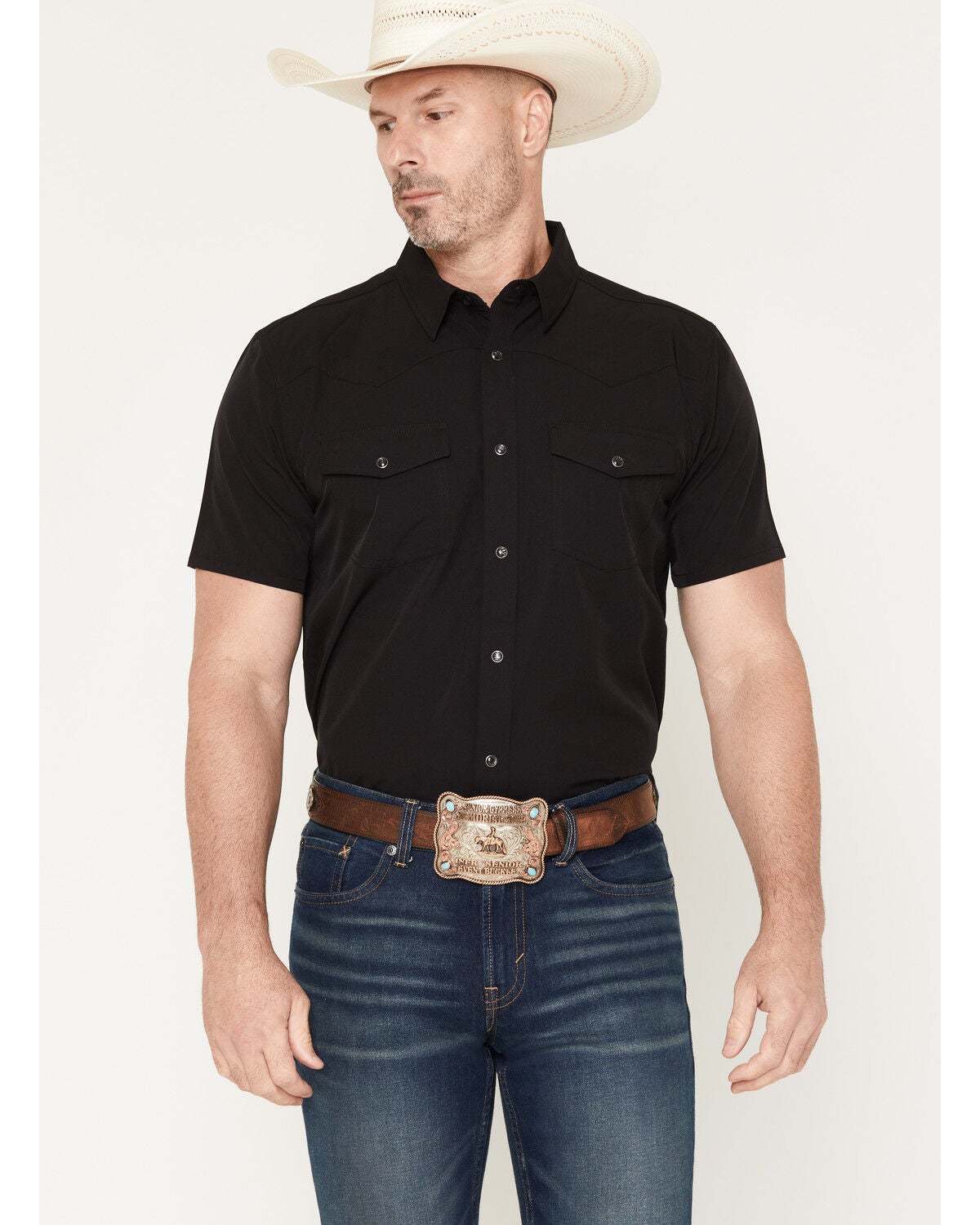 Image #1 - RANK 45&reg; Men's Ridge Solid RODEOTEK&trade; 2.0 Short Sleeve Snap Western Shirt, Black, hi-res