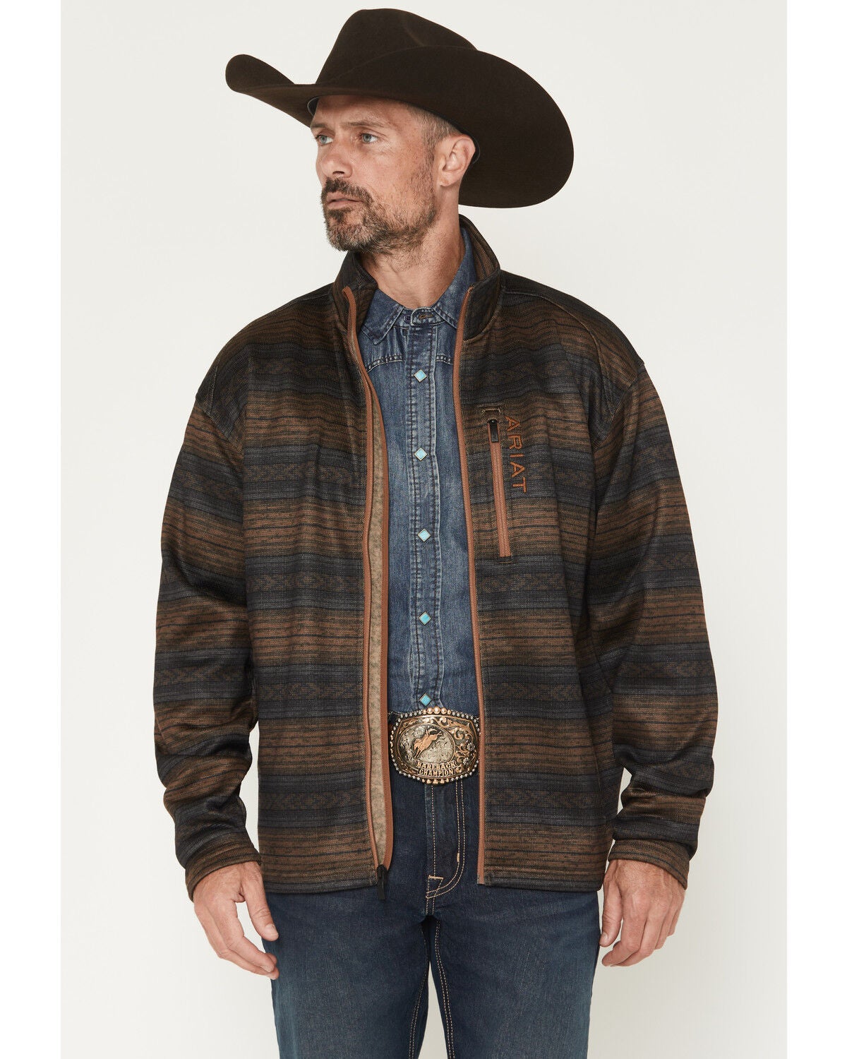 Ariat Men's Caldwell Southwestern Print Full Zip Sweater, Navy, hi-res