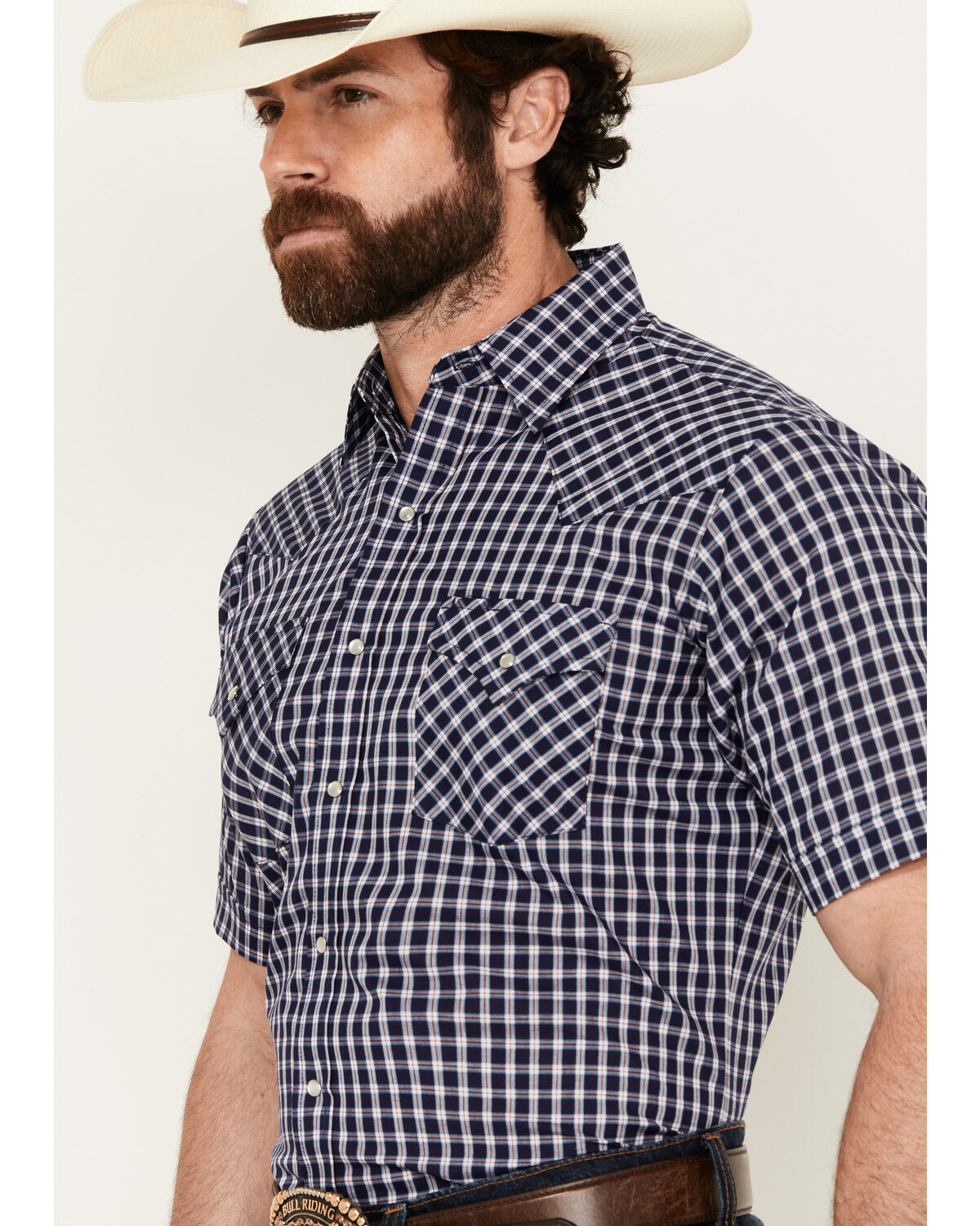 Image #2 - Ely Walker Men's Plaid Print Short Sleeve Snap Western Shirt, Navy, hi-res