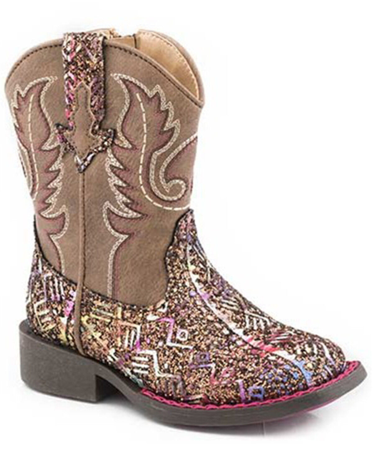 Image #1 - Roper Toddler Girls' Glitter Southwestern Western Boots - Square Toe, Brown, hi-res