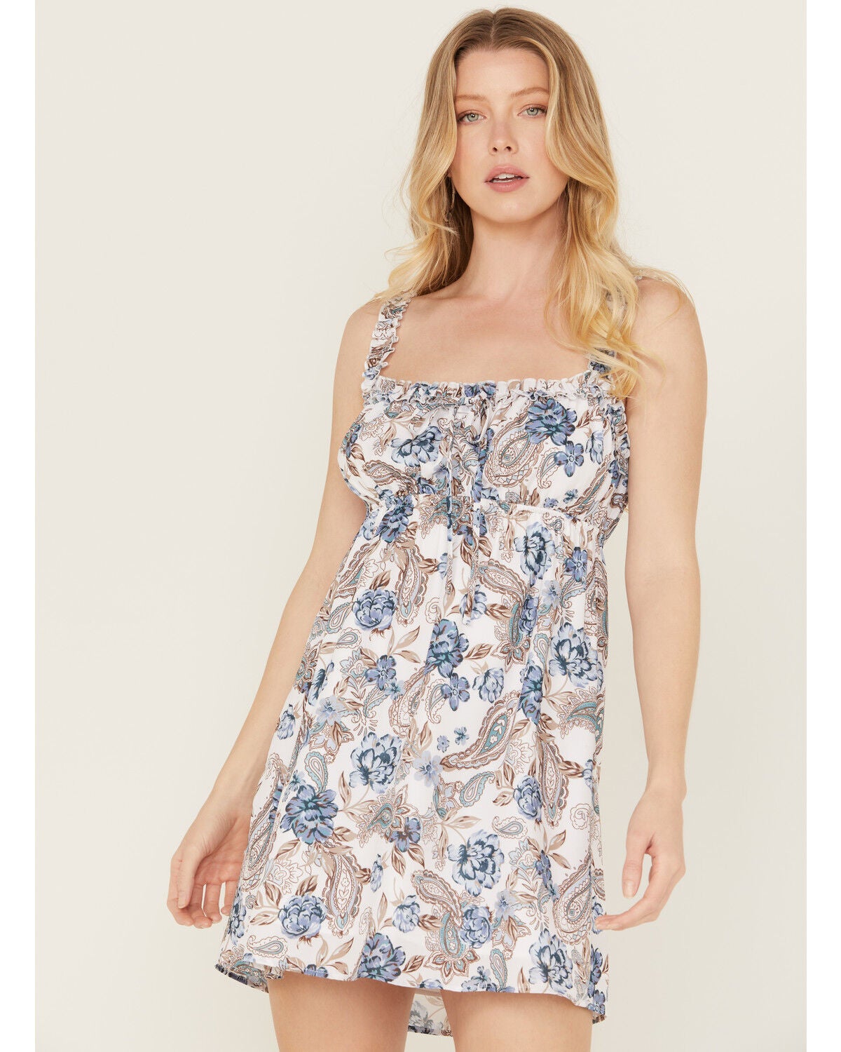 Image #2 - Wild Moss Women's Ruffle Trim Floral Print Mini Dress, Ivory, hi-res