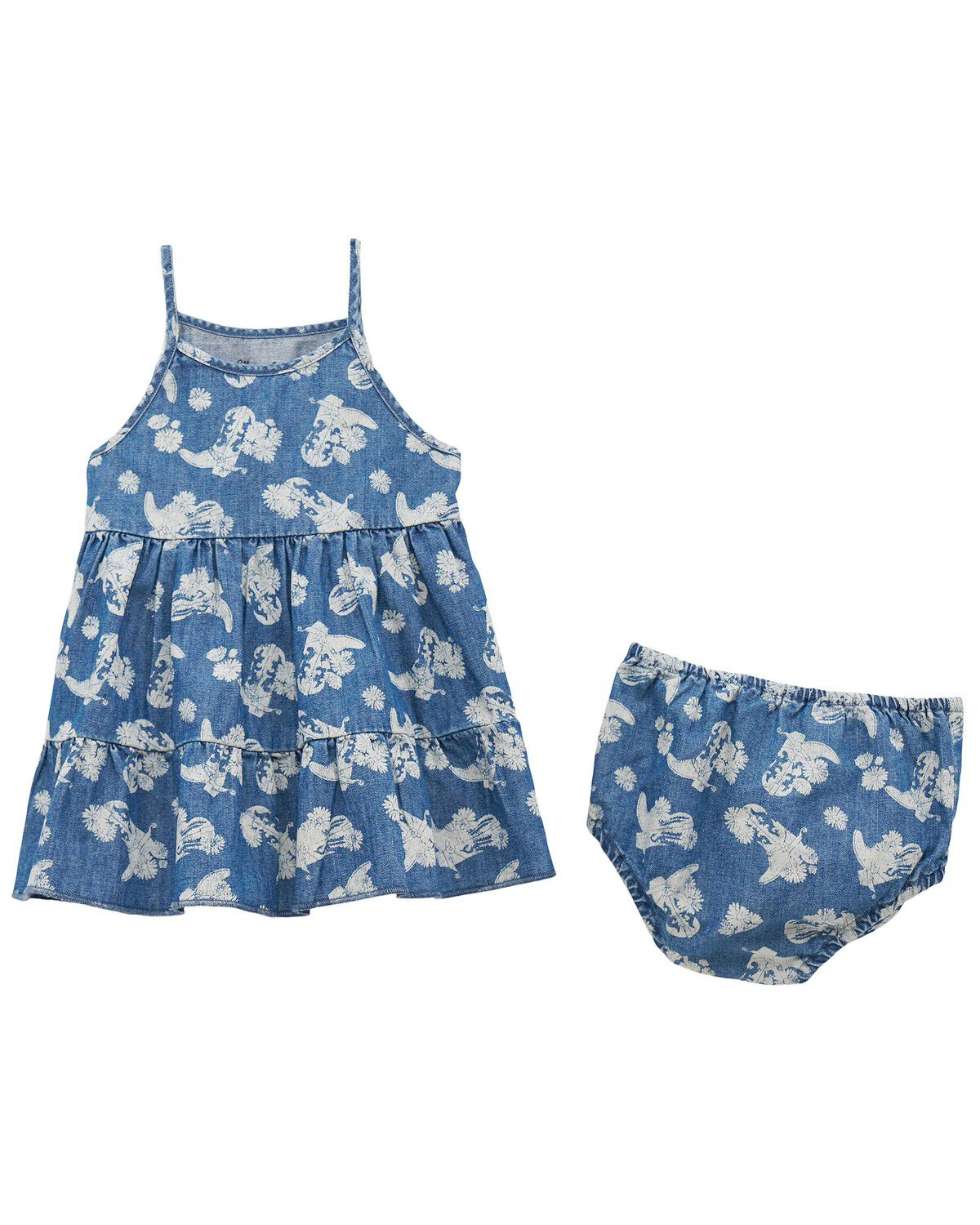Image #1 - Wrangler Infant Girls' Floral Boot Sleeveless Denim Dress - 2 Piece, Blue, hi-res