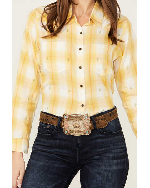 Image #3 - Ariat Women's R.E.A.L Billie Jean Cactus Plaid Print Long Sleeve Button-Down Western Shirt , Yellow, hi-res