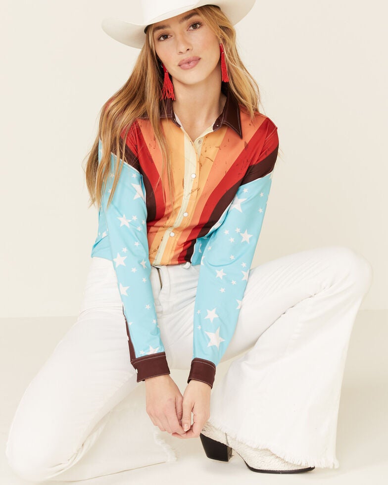 Ranch Dress'n Women's Retro Striped Star Print Long Sleeve Western