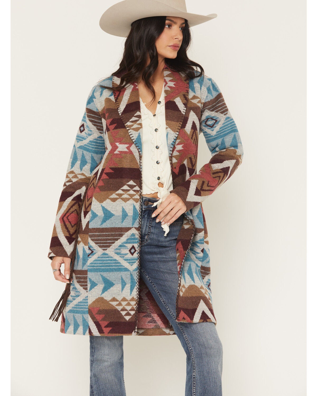 Shyanne Women's Southwestern Print Long Line Coat, Brown, hi-res