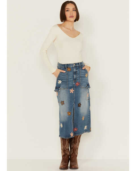 Image #1 - Driftwood Women's Medium Wash Floral Embroidered Denim Cargo Midi Skirt , Dark Wash, hi-res