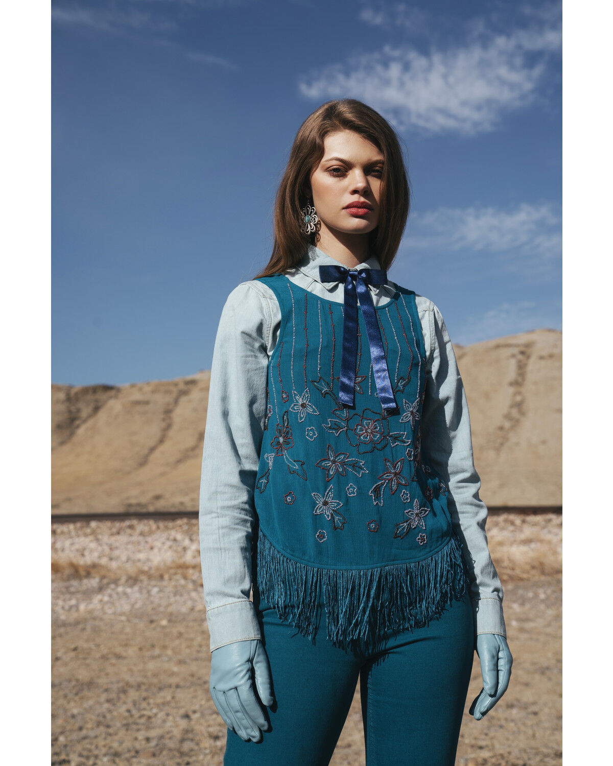 Image #1 - Idyllwind Women's Cameo Beaded Fringe Tank Top, Blue, hi-res