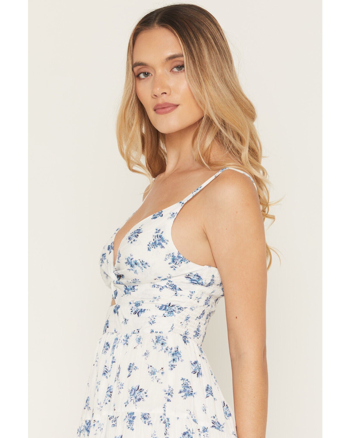Image #2 - Angie Women's Country Floral Print Knot Front Mini Dress, Ivory, hi-res
