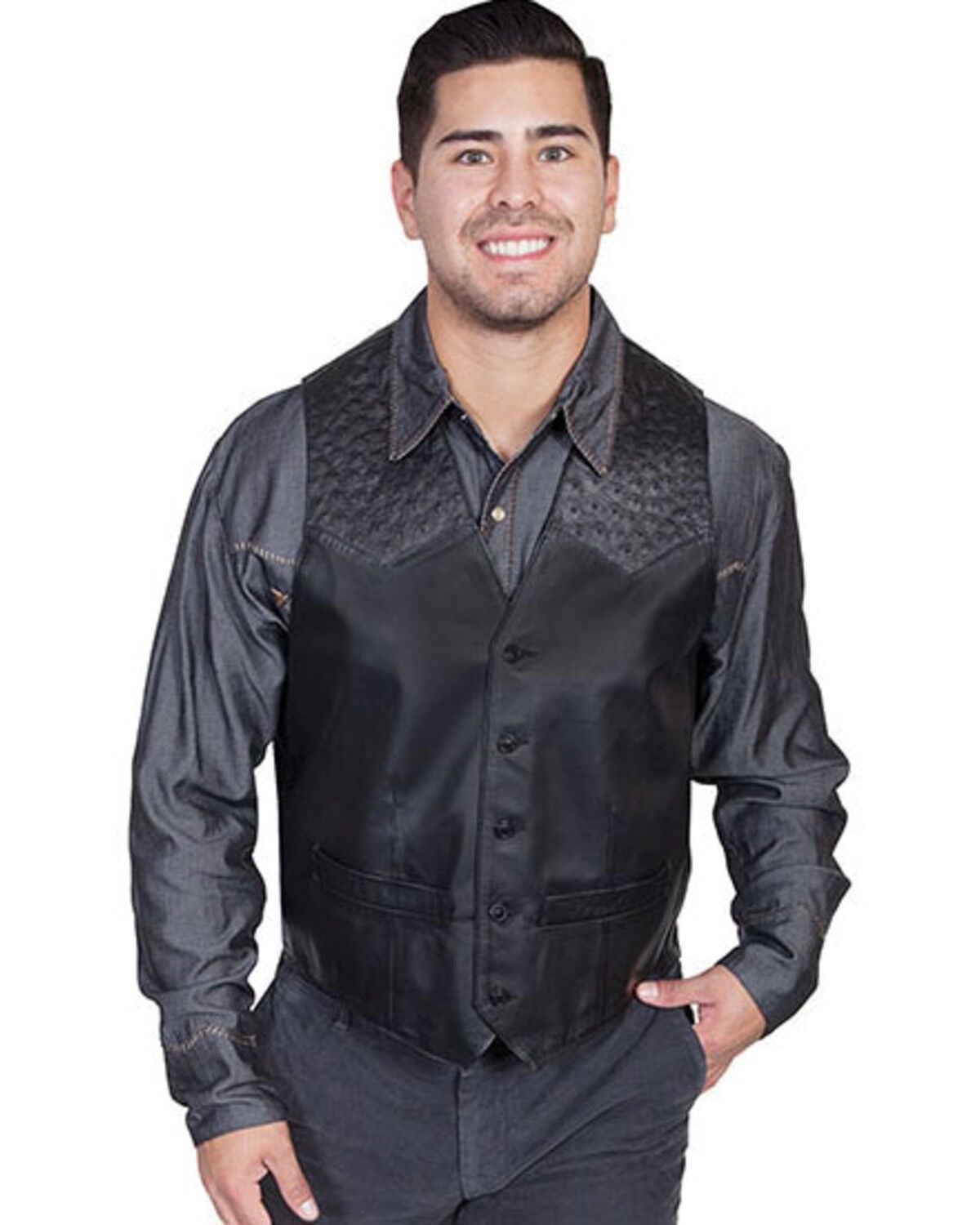 Scully Men's Ostrich Trim Leather Vest, Black, hi-res