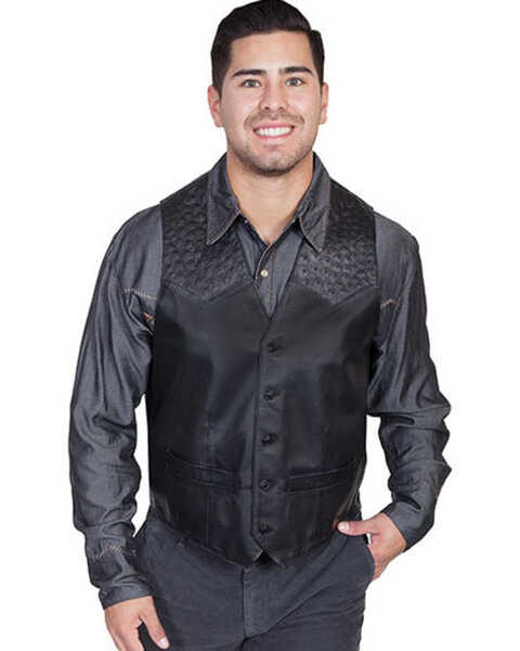 Image #1 - Scully Men's Ostrich Trim Leather Vest, Black, hi-res