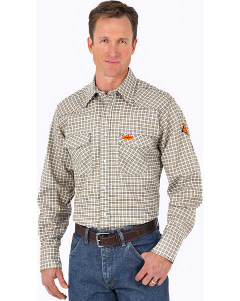 Wrangler Men's FR Lightweight Long Sleeve Plaid Print Snap Work Shirt - Tall, Beige/khaki, hi-res