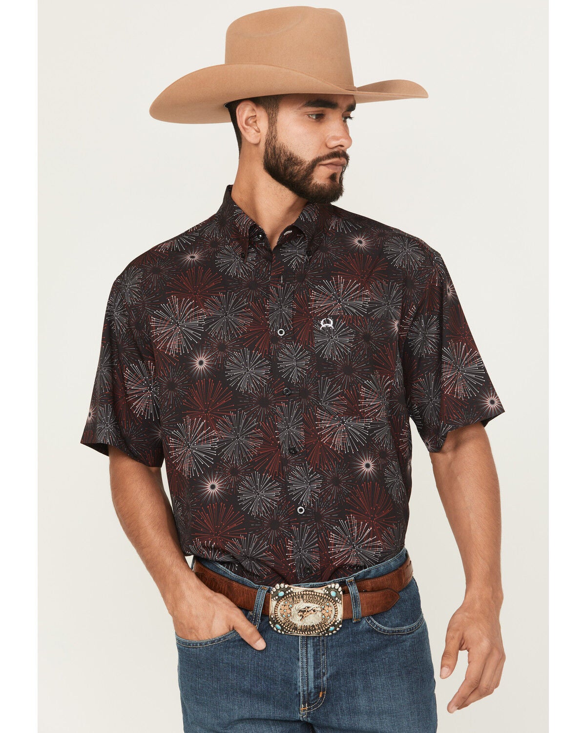 Cinch Men's Printed Short Sleeve Button-Down Performance Stretch Western Shirt, Black, hi-res