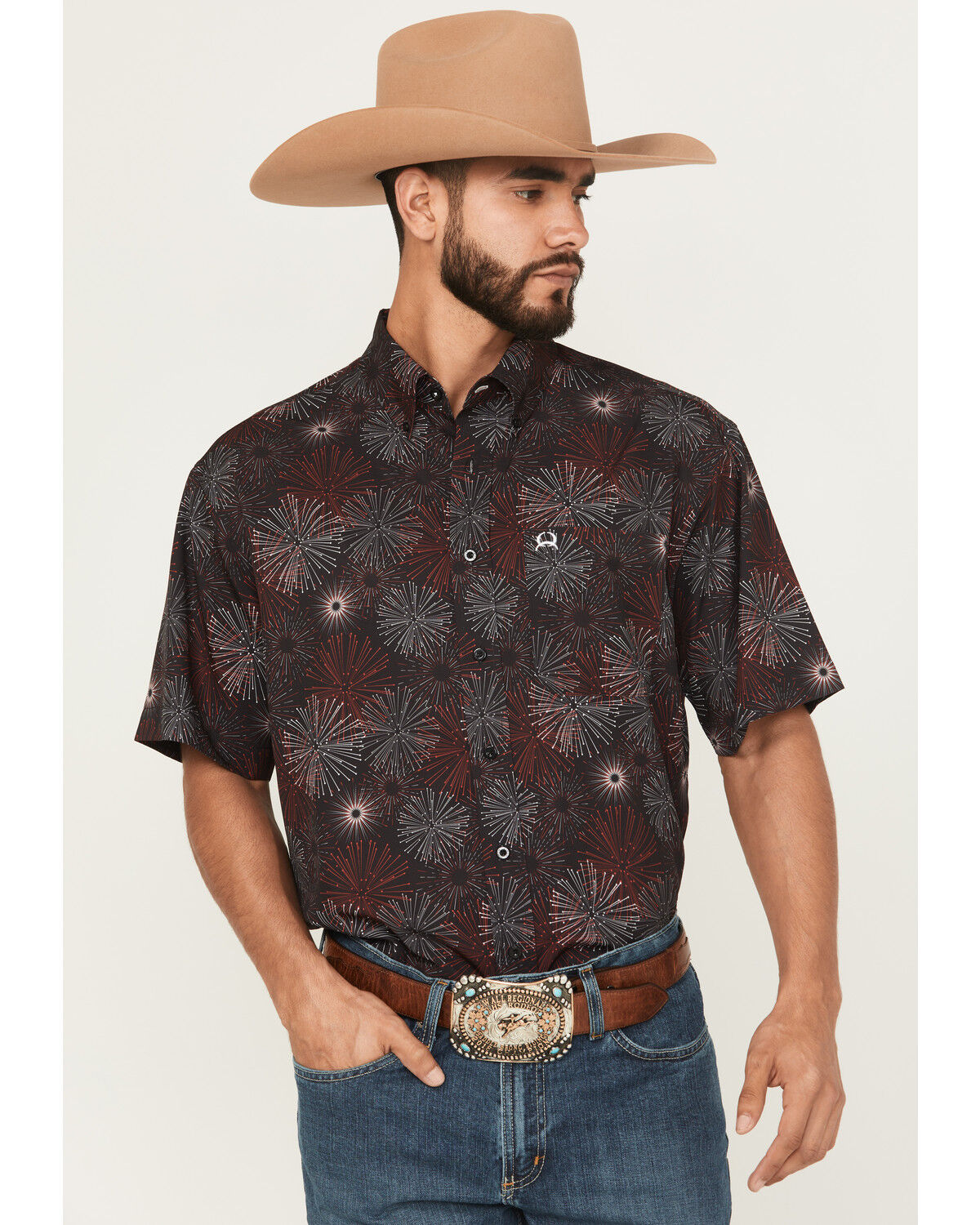 Image #1 - Cinch Men's Printed Short Sleeve Button-Down Performance Stretch Western Shirt, Black, hi-res