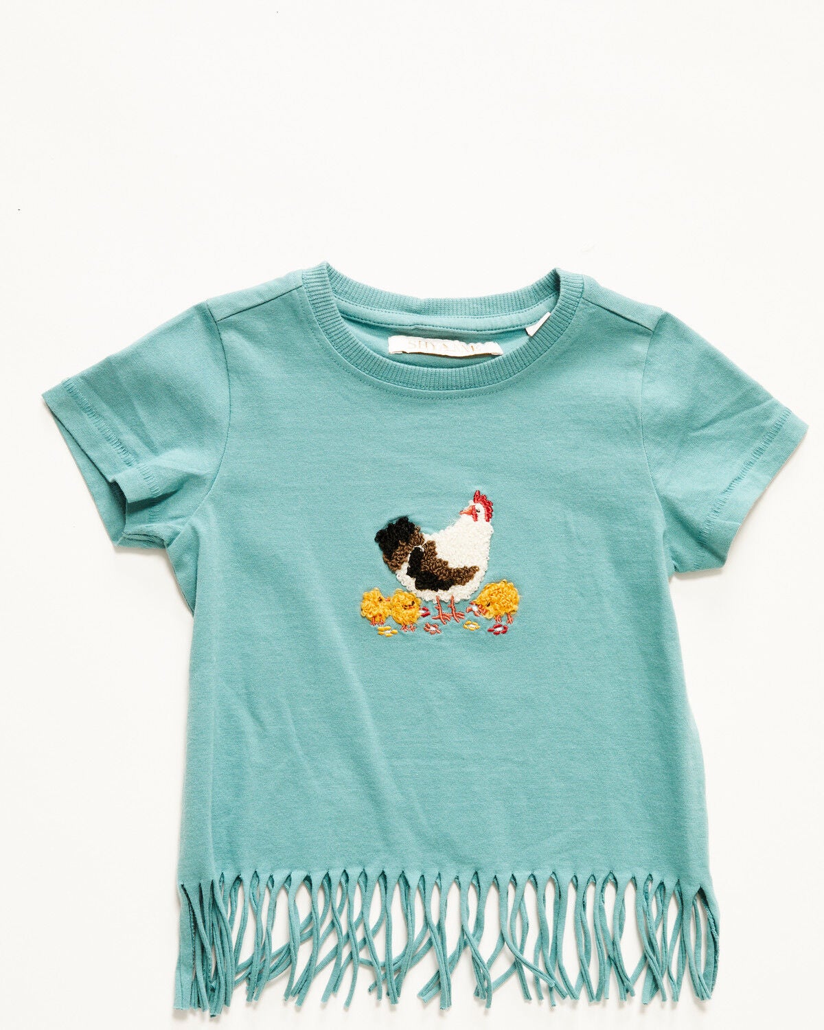 Image #1 - Shyanne Toddler Girls' Chicken Embroidered Fringe Short Sleeve Tee, Aqua, hi-res