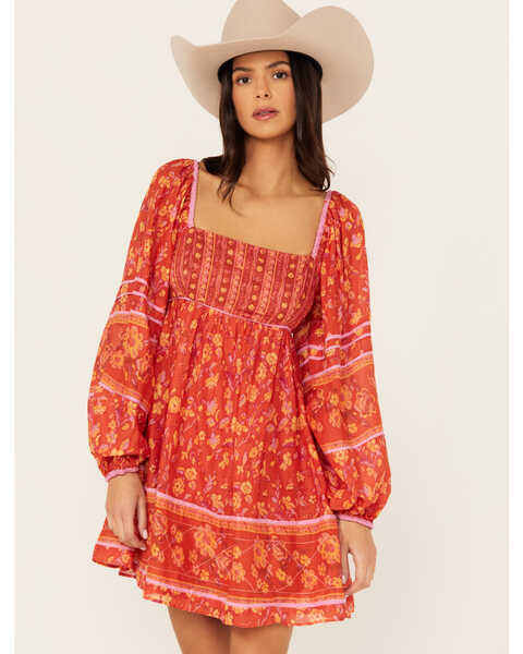 Image #2 - Free People Women's Border Endless Afternoon Long Sleeves Mini Dress , Red, hi-res