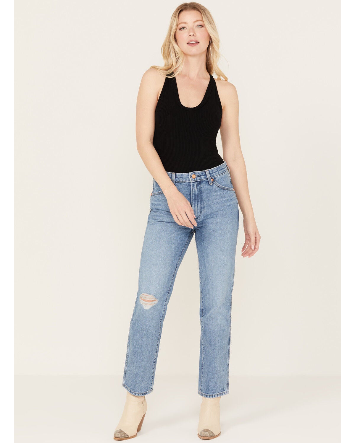 Wrangler Women's Medium Wash High Rise Wild West Straight Jeans, Blue, hi-res
