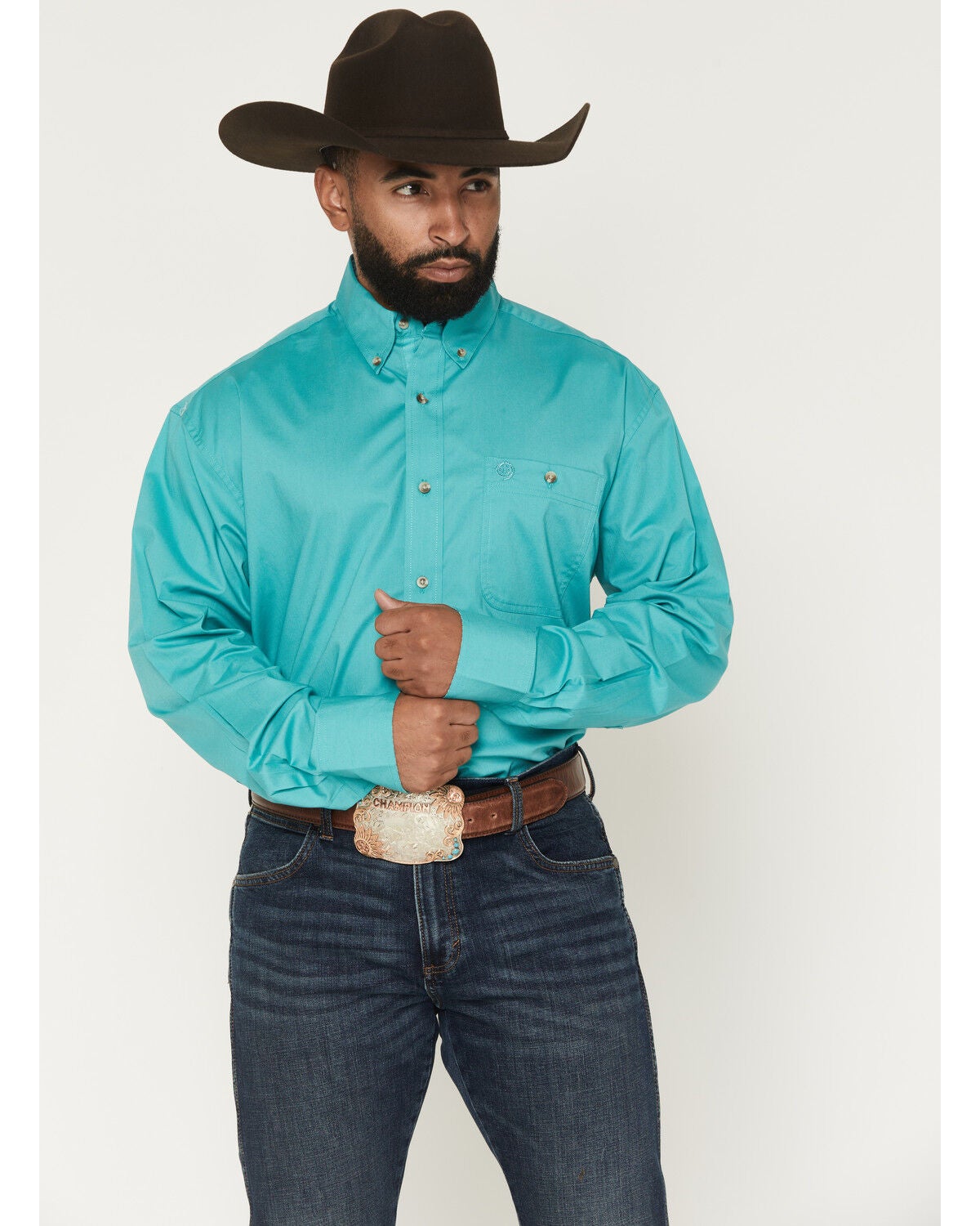 Image #1 - George Strait by Wrangler Men's Solid Long Sleeve Button-Down Stretch Western Shirt - Tall, Teal, hi-res