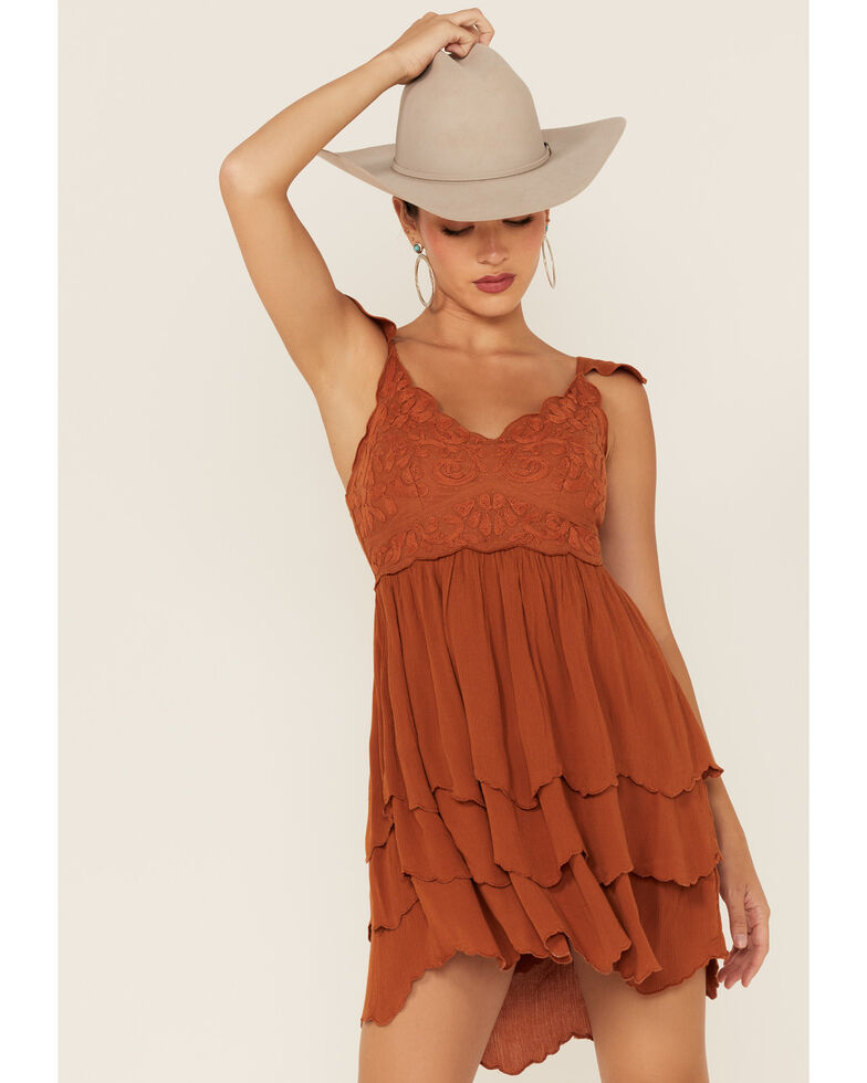 Shyanne Women's Embroidered Bodice Ruffle Dress , Brown, hi-res