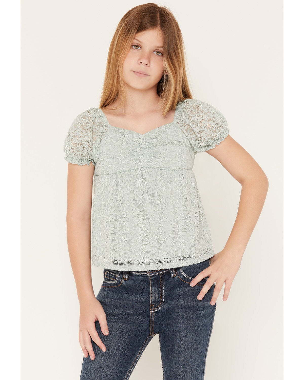 Sugar California Girls' Lace Short Puff Sleeve Shirt, Sage, hi-res