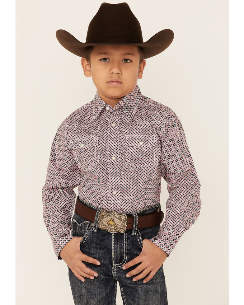 Wrangler 20X Boys' AC Red Geo Print Long Sleeve Snap Western Shirt , Blue, hi-res