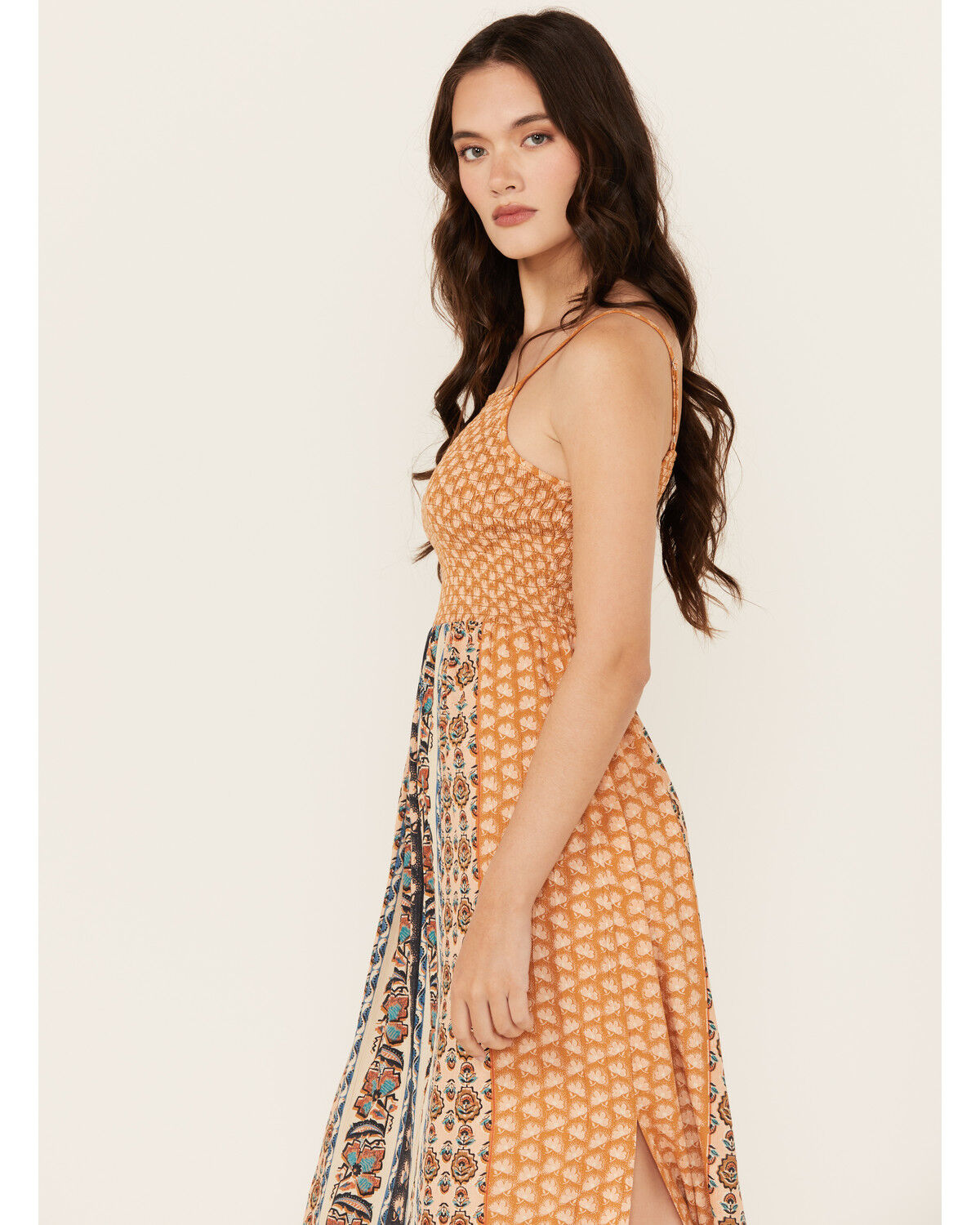 Image #4 - Angie Women's Border Print Smocked Midi Dress, Mustard, hi-res