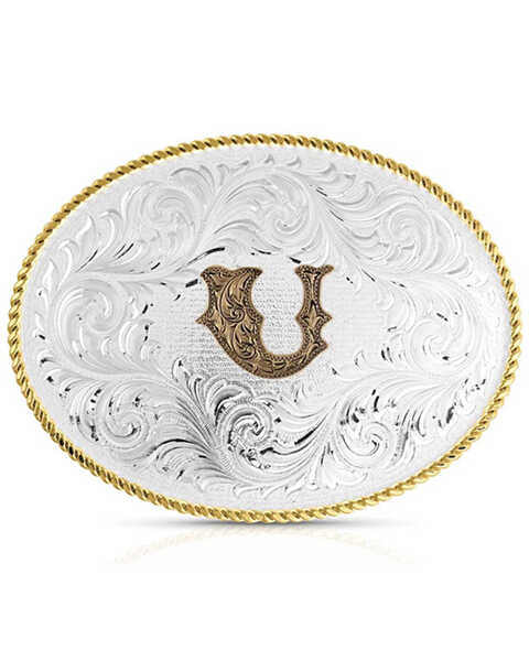 Image #1 - Montana Silversmiths Classic Western Oval Two-Tone Initial Belt Buckle - U, Silver, hi-res