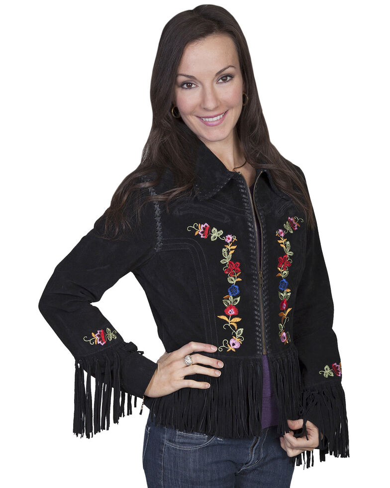 Scully Embroidered Zip-Up Suede Jacket, Black, hi-res