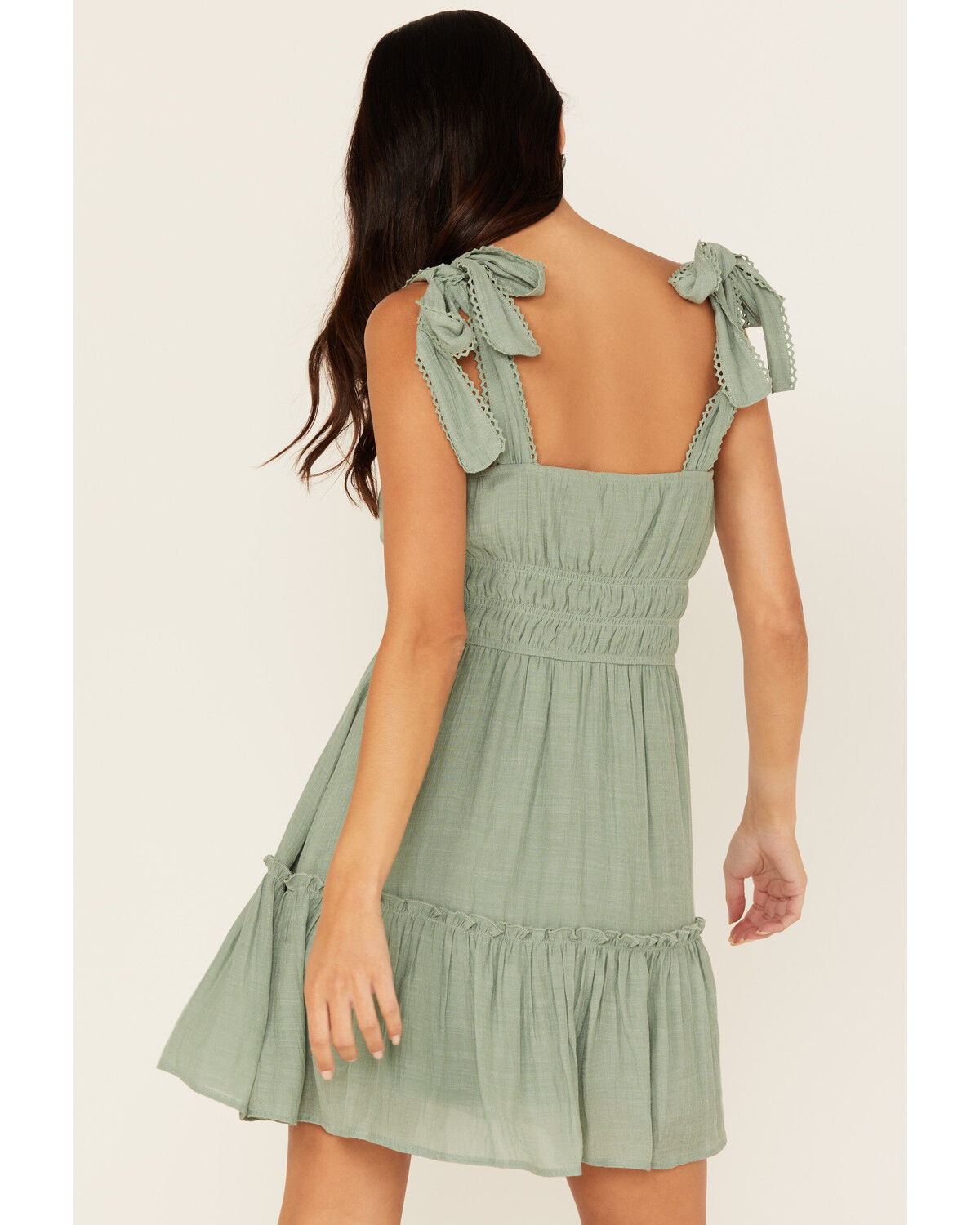 Image #4 - Trixxi Women's Smocked Waist Mini Dress, Sage, hi-res