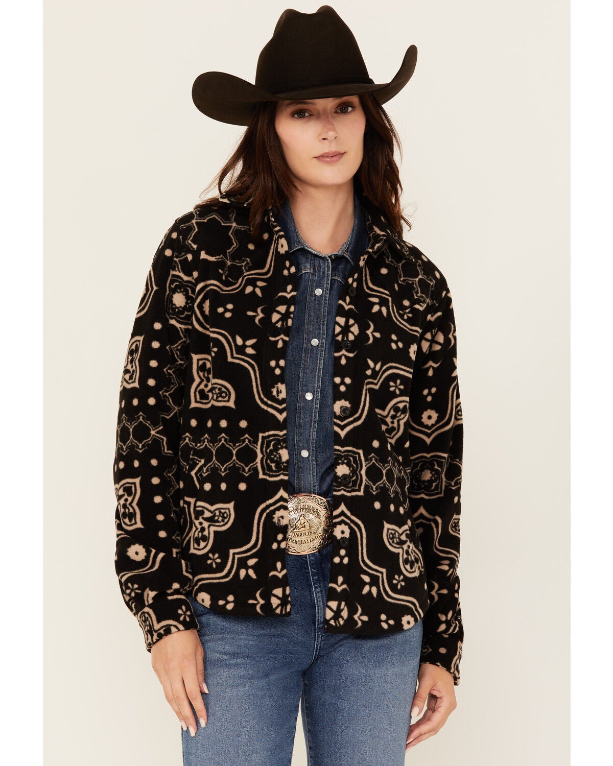 Outback Trading Co Women's Bandana Print Fleece Button-Down Western Shirt, Black, hi-res